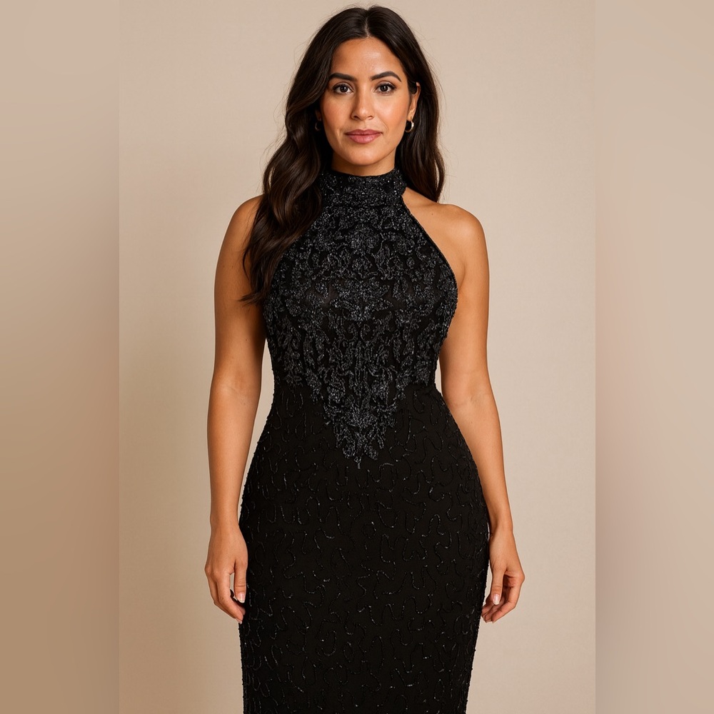 Lawrence Kazar Elegant Navy Blue Halter Long Dress Vintage Beaded Gown Size S
